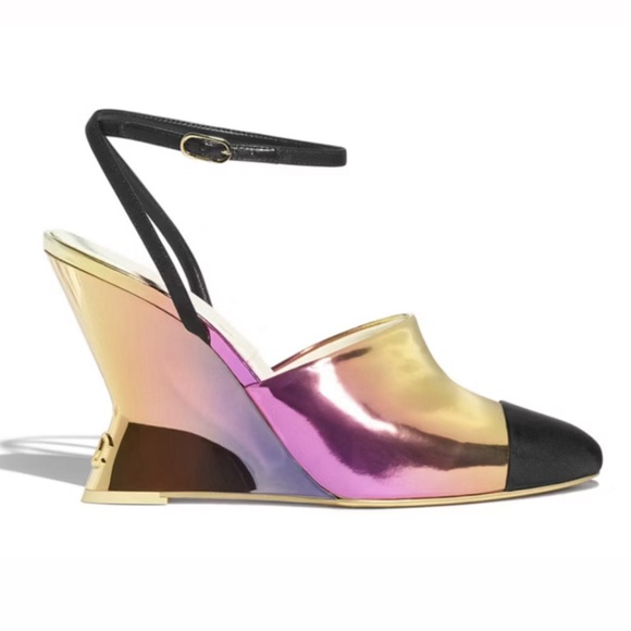 CHANEL Shoes Chanel Gold And Black Wedge Slingbacks With CHANEL Shoes Chanel Gold And Black Wedge Slingbacks With